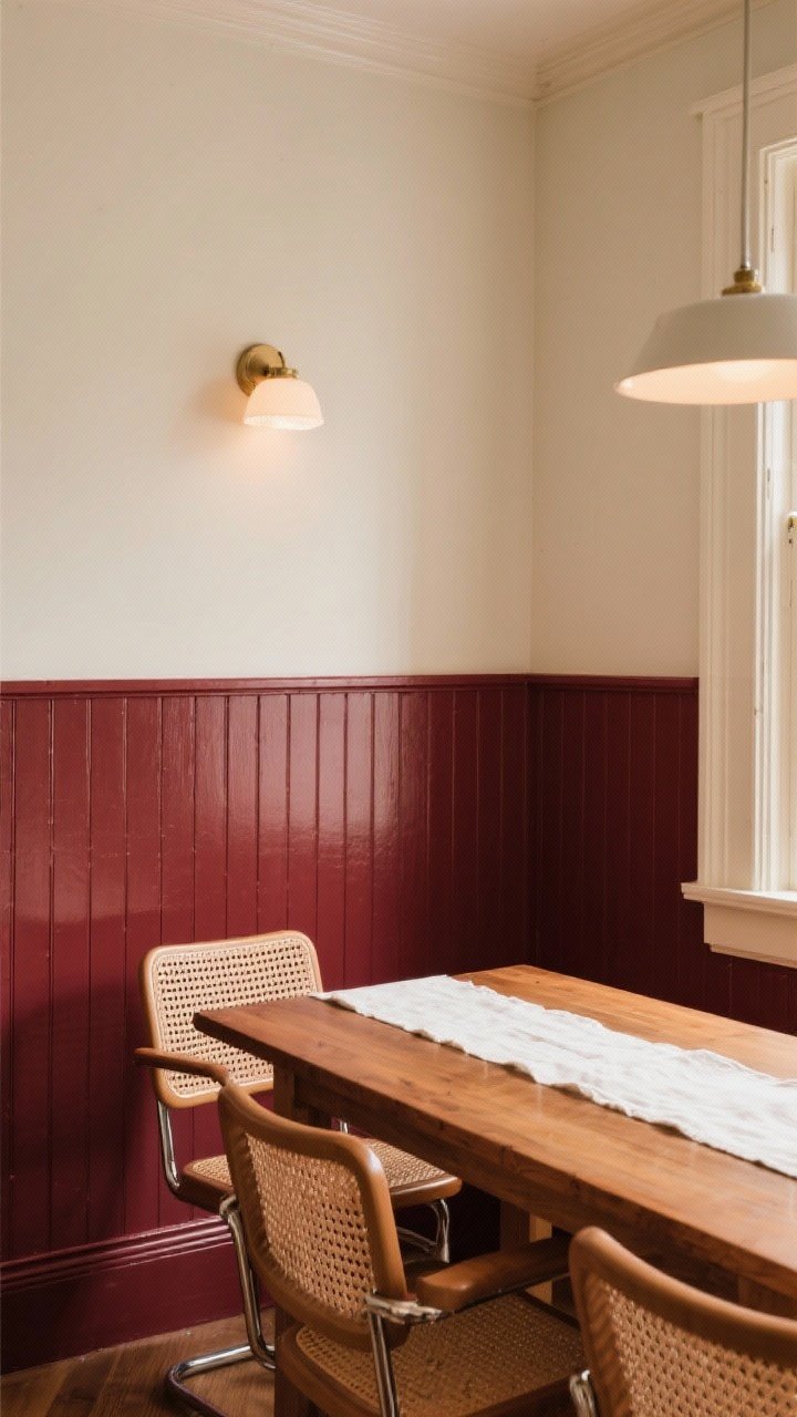 Medium shot of a breakfast nook with half-height burgundy paneling/wainscoting and light walls above; eggshell/satin sheen on the paneling for an elegant glow; styled with cane chairs, a warm wood table, and a simple linen runner; warm ambient light accentuating the architectural detail and cozy, classic mood.