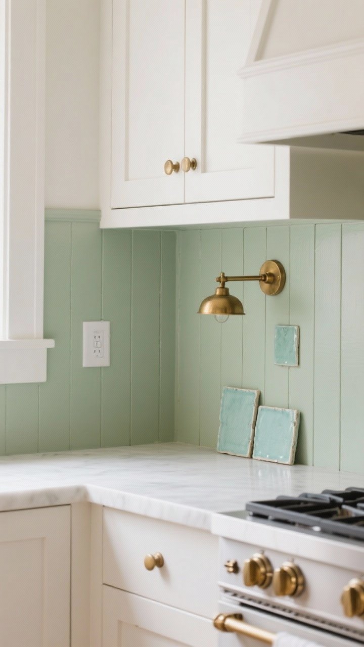 Medium shot of a calming backsplash in soft sage tones: painted beadboard in muted green behind white cabinets, with warm brass hardware and a brushed brass sconce. Optionally mix a few celadon ceramic accent tiles near the range. Gentle, hygge mood with diffused daylight; photorealistic, cozy.