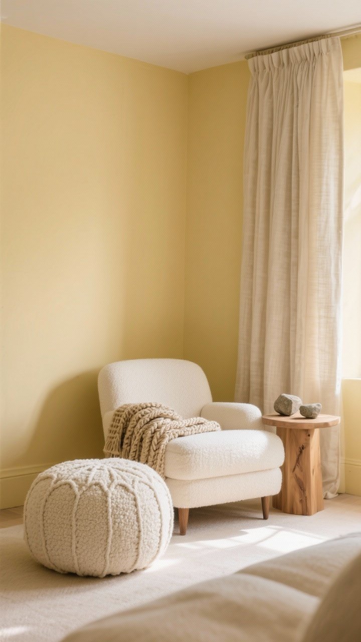 Medium shot of a calming living room corner in buttery pale yellow walls with matte/eggshell sheen. Layer soft textures: linen curtains, a cream boucle pouf, woven throw over a cream upholstered chair. Add oak wood side table, small stone accessories, and subtle warm lighting. Keep contrast low and elegant. Natural afternoon light, slight corner angle.