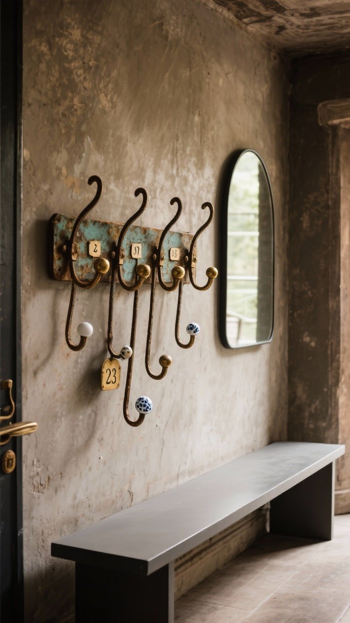 Medium shot of a character-filled entry vignette: a salvaged vintage hook rack with patinated aged brass and iron hooks, some with porcelain knobs and small numbered plates; mounted above a narrow modern bench to ground the space; mix high-and-low styling with a contemporary arched mirror nearby; warm, moody light accentuating patina and textures; European charm, slightly worn wall finish.