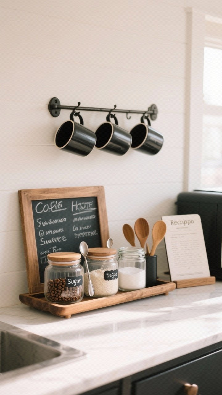 Medium shot of a charming coffee station: warm white backdrop with mug hooks, a trio of labeled canisters for beans, sugar, and spoons arranged on a small wood tray; include a compact chalkboard with handwritten notes, matte black accents, and soft morning light; alternate version shows clear jars with flour and sugar, wooden scoops, and a recipe stand for a baking setup.