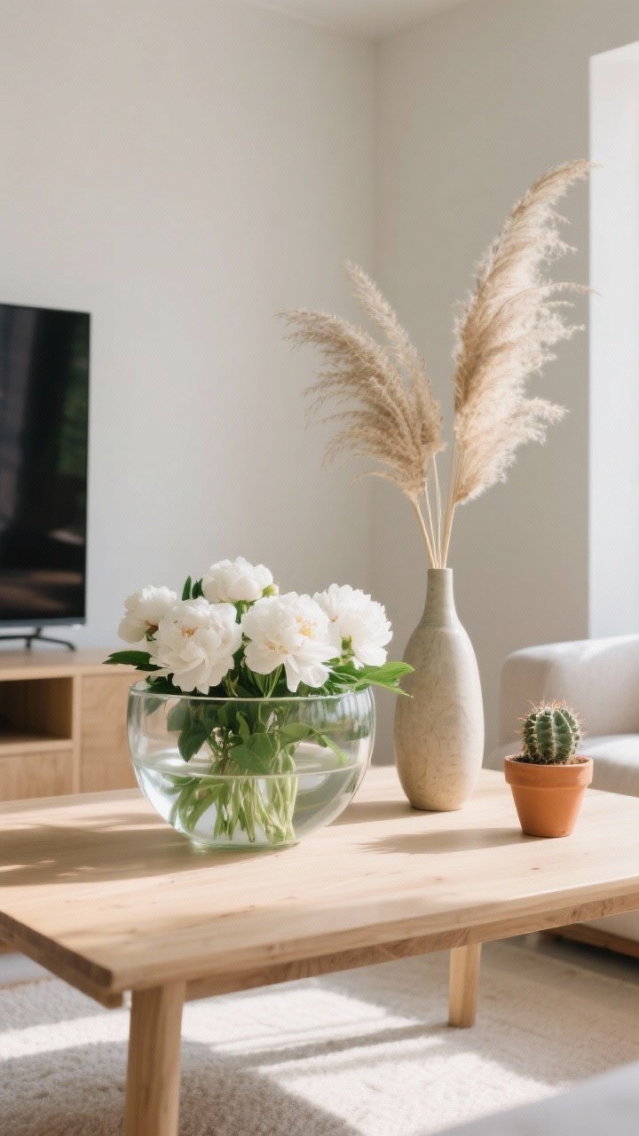 Medium shot of a coffee table vignette featuring greenery: a low glass bowl with white peonies that don’t block the TV sightline, plus a tall sculptural stem of dried pampas in a slim ceramic vase. Include a tiny terracotta pot with a succulent. Natural daylight, light wood table, soft shadows for an airy mood. Slight corner angle for depth.