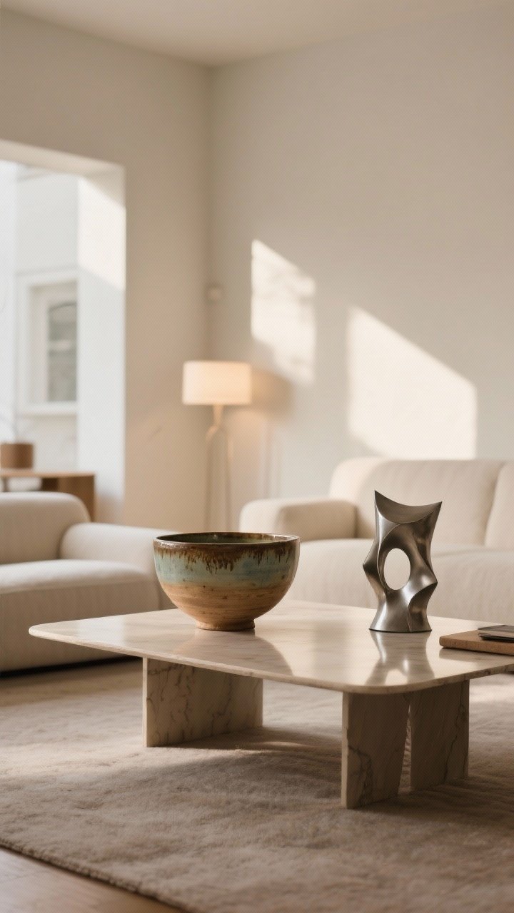 Medium shot of a coffee table with one bold sculptural object as the focal point: a vintage hand-thrown ceramic bowl with subtle glaze sitting beside a small abstract metal form. Minimal supporting items to avoid clutter. Warm ambient light with gentle reflections on the ceramic; modern living room in soft neutrals, angled perspective.