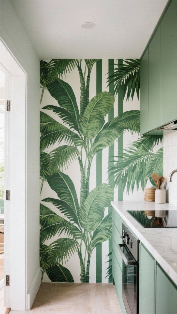 Medium shot of a compact kitchen where a large-scale palm leaf wallpaper in lush green visually expands the space. Wide vertical stripes on an adjacent short wall subtly add height. The pattern continues slightly into a hallway to create flow. Bright, even daylight to emphasize openness; minimal countertop clutter. Corner angle to show depth, photorealistic.