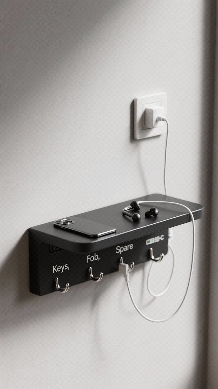 Medium shot of a compact shelf in matte black with integrated USB/USB-C charging ports; anchored near an outlet with a white cable raceway neatly hiding cords; labeled hooks underneath reading “Keys,” “Fob,” and “Spare”; on the shelf, a phone and earbuds charging; sleek modern tech aesthetic, tidy wiring, subtle reflections; cool, crisp lighting.
