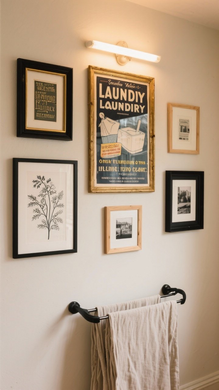 Medium shot of a curated gallery wall above a folding station: mixed but cohesive frames in black, brass, and light wood; a blend of laundry-themed typography prints, a vintage wash advertisement, botanical line art, and a small black-and-white photo; arrangement built around the largest piece; neutral wall, warm ambient lighting for a playful, nostalgic vibe.