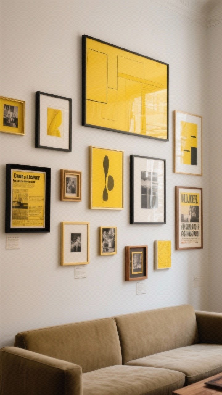 Medium shot of a curated gallery wall with pops of yellow: mix scales—one large piece, two medium, several smalls—with yellow repeated 2–3 times across abstract art, vintage posters, or photography. Frames in black, brass, and oak for a collected look. Neutral wall, slim sofa below, even natural light for clarity.