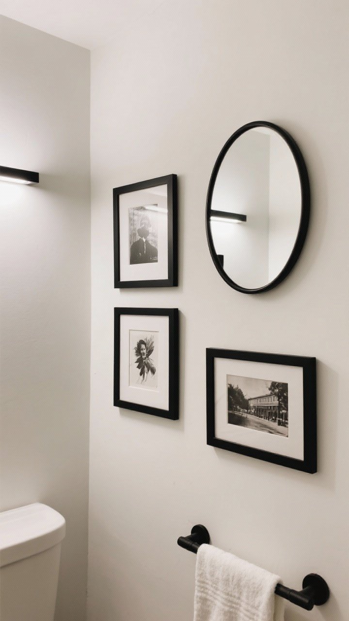 Medium shot of a curated mini gallery wall in a compact bathroom: 4 frames total, consistent spacing, all black-and-white art and vintage photos with one small oval mirror mixed in; frames in matte black, arrangement tight and balanced above a towel bar, neutral white wall, soft ambient lighting