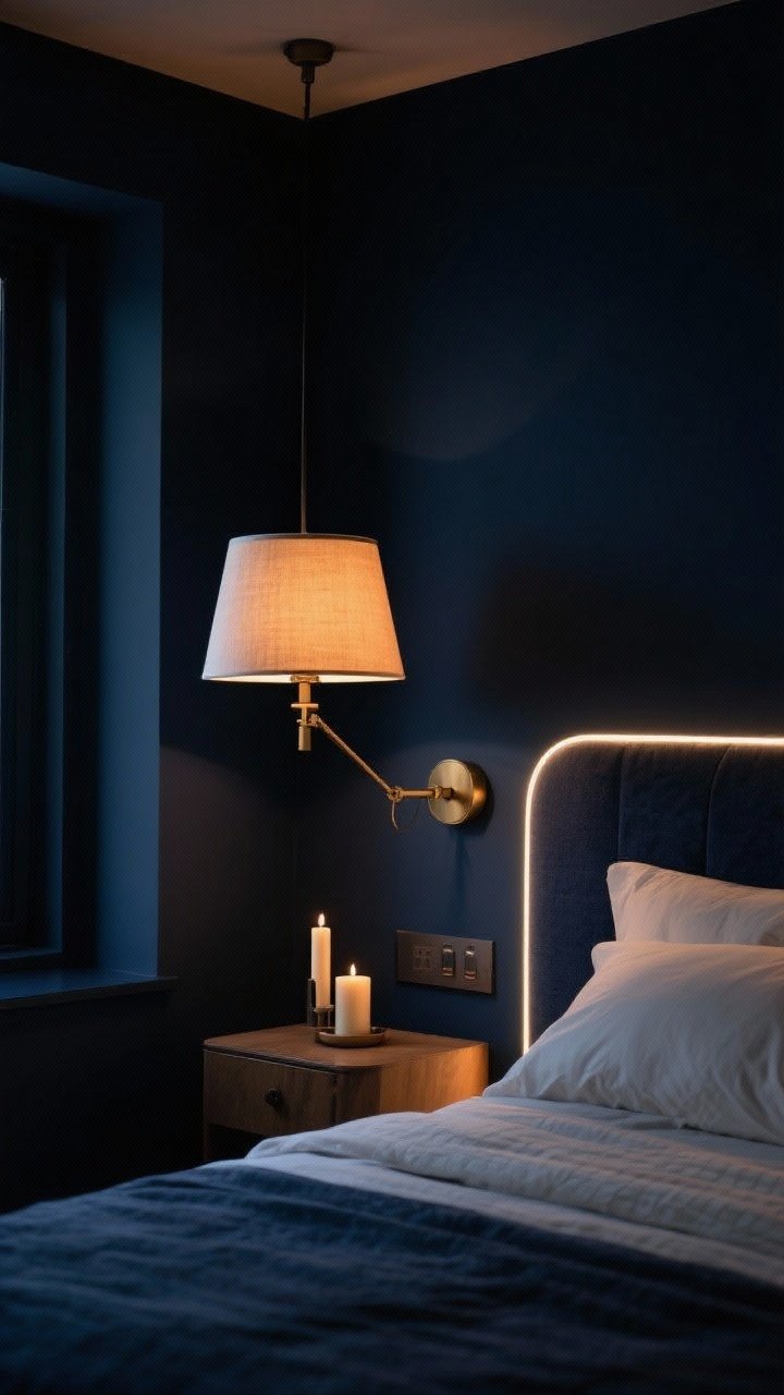 Medium shot of a dark, inky navy bedroom corner lit like a movie set: a dimmable shaded pendant provides ambient glow, warm 2700K swing-arm sconce as task light over a nightstand, and LED strip subtly backlighting the headboard as accent; include a couple of candles for extra drama; all lights on dimmers, warm tones only, no harsh overheads.