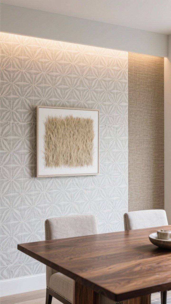 Medium shot of a dining accent wall in sophisticated wallpaper: subtle geometric in muted gray-beige tones; a single oversized artwork centered on the wall to keep the pattern calm; grasscloth texture visible on an adjacent panel for warmth and acoustic help; modern walnut table, understated decor; soft indirect lighting to reveal pattern and texture without glare, straight-on perspective