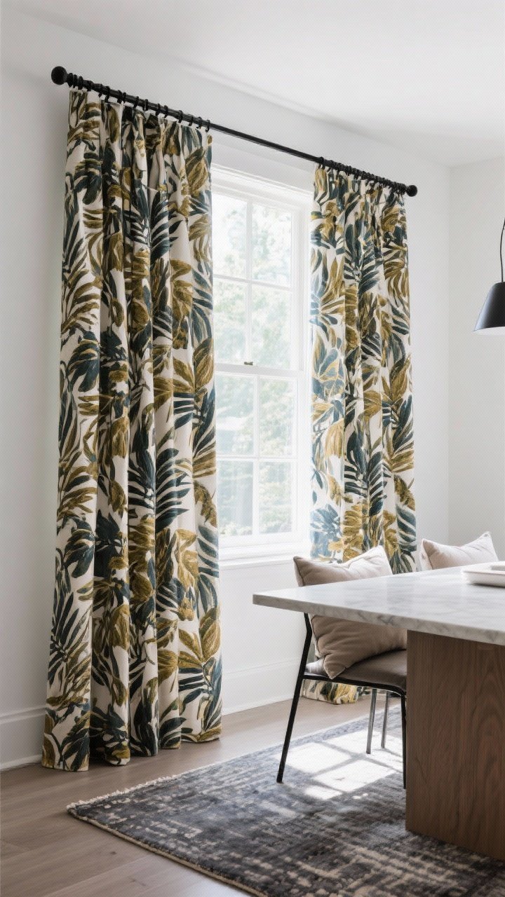 Medium shot of a dining area window featuring bold patterned curtains as the statement: large-scale botanical print drapes in a cohesive color family, lined to prevent fading and improve drape, hung on a black rod. The rest of the room stays quiet with solid rug and pillows to balance. Afternoon light, modern vibe, clean white walls. Slight corner angle to show how the pattern carries the room without overwhelm.