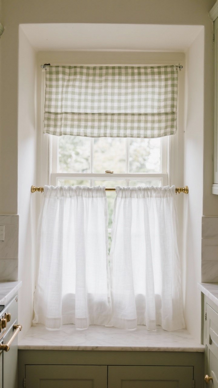 Medium shot of a European-inspired kitchen nook with crisp white linen cafe curtains covering the lower half of the window, mounted just above mid-window on a slim brass tension rod. A second window shows a micro-check cafe curtain for cottage charm; optional matching valance on one window for added softness. Daylight pours in above the curtains. No-drill install details visible. Straight-on, cozy and chic.