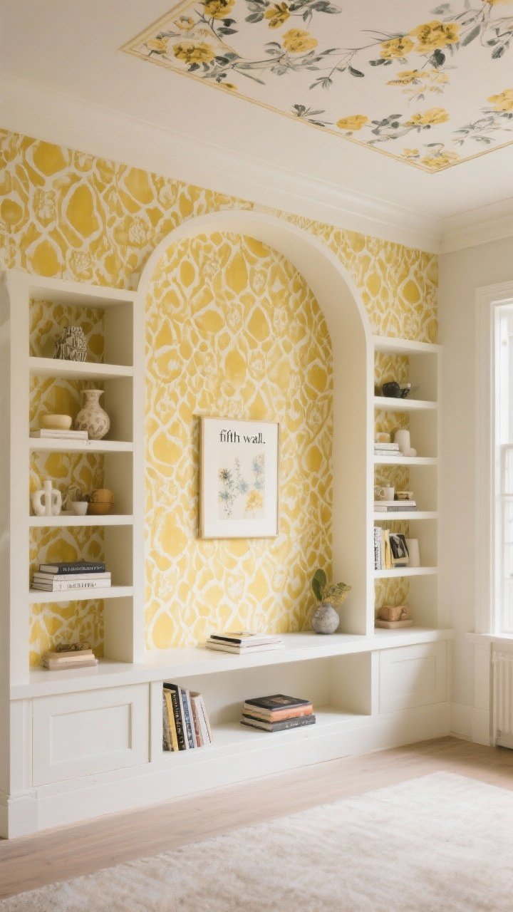 Medium shot of a focal wall with yellow patterned wallpaper: choose geometric, floral, or subtle watercolor. Apply behind built-in shelving with styled objects for depth, or show a small-scale print on the ceiling as the “fifth wall.” Include a defined reading corner or console zone aligned with the wallpaper area. Natural light, crisp details.
