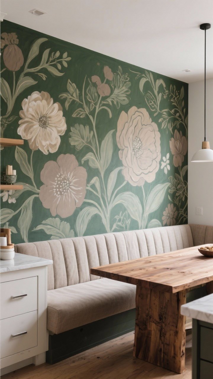 Medium shot of a kitchen banquette with oversized hand-drawn floral wallpaper in deep green and muted taupe on a matte finish, reading like a painted mural. The banquette seat is upholstered in neutral fabric; butcher block tabletop adds rustic warmth. Palette limited to two or three colors to keep it modern. Soft, indirect daylight; clean lines and minimal accessories. Straight-on composition, photorealistic.