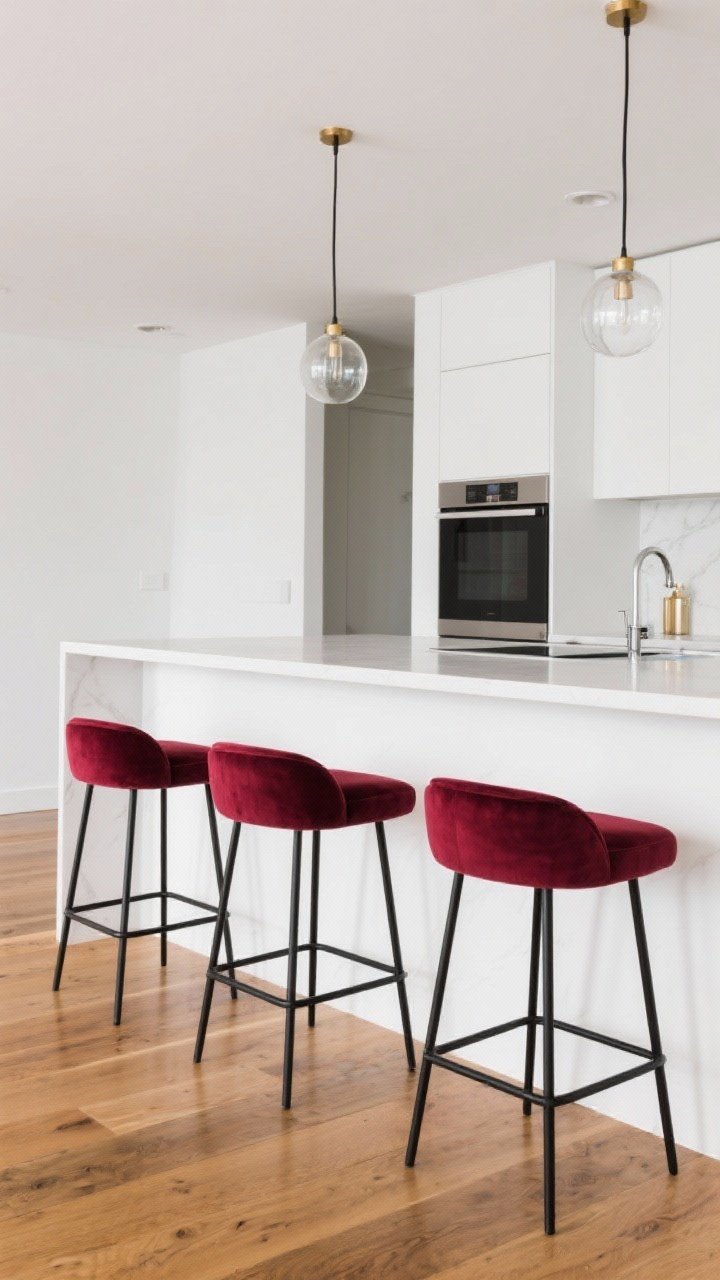 Medium shot of a kitchen island with three upholstered burgundy bar stools tucked under the overhang; velvet seats with slim black metal legs; low-back profile for a streamlined look; crisp white walls and warm wood flooring for contrast; subtle reflections from pendant lighting above; effortless, modern vibe with the stools adding instant depth.