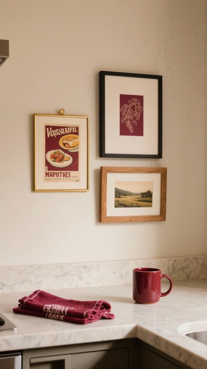 Medium shot of a kitchen wall with a small gallery arrangement: a framed vintage poster, a food print, and a landscape—each with burgundy tones; thin brass, black, and wood frames mixed for a collected feel; nearby counter styled with burgundy-accented tea towels and a burgundy ceramic mug to repeat the colors; warm, even lighting.
