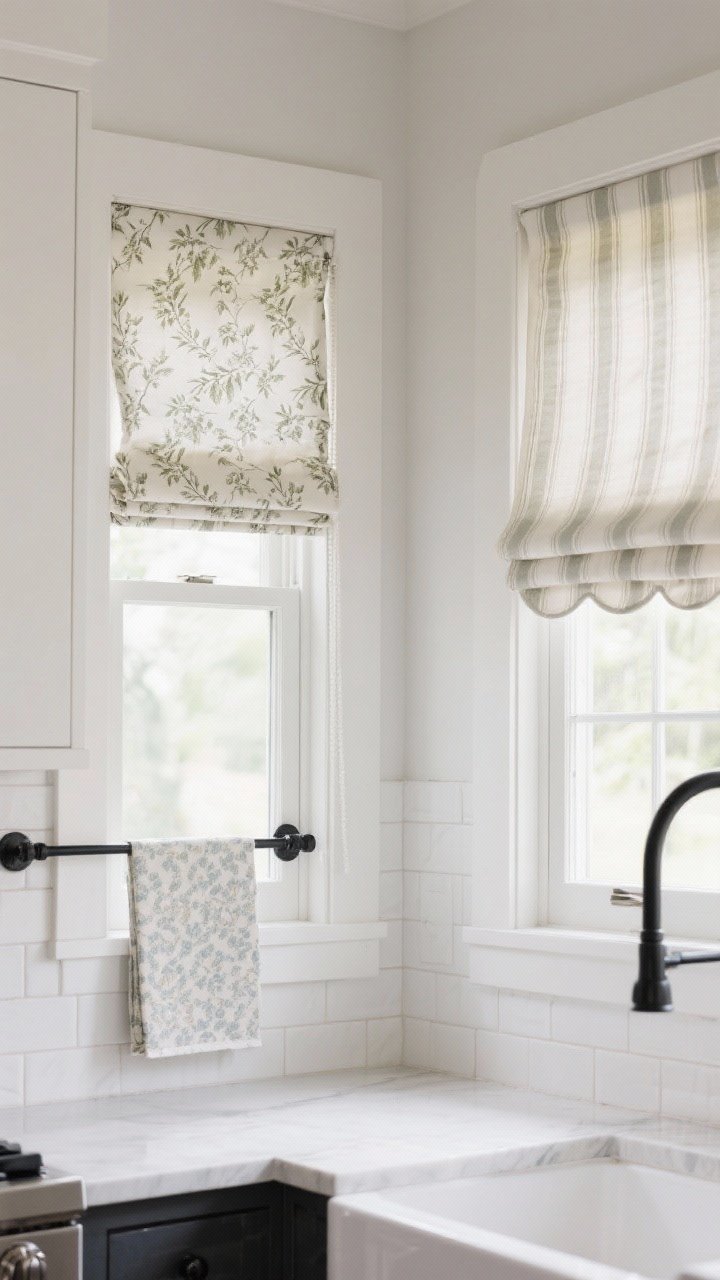Medium shot of a kitchen window featuring tailored Roman shades: inside-mount flat-front Roman in a subtle botanical print on one window, and an outside-mount relaxed Roman with a gentle curved bottom in a soft stripe on another. Include a hobbled Roman sample hanging nearby for variety. Natural morning light, clean white tile backsplash, matte black hardware. Add a note of blackout lining visible on the bedroom-style sample. Straight-on perspective highlighting neat elegance.