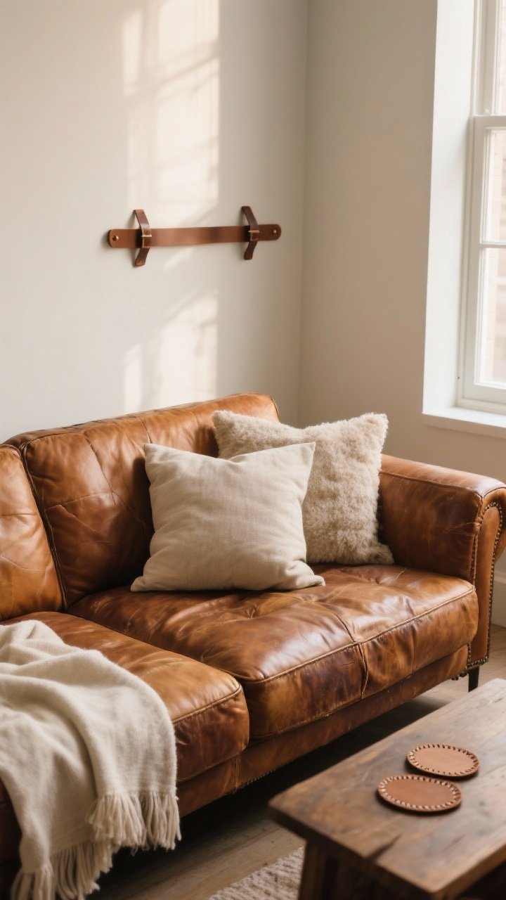 Medium shot of a lived-in leather moment: vintage cognac leather sofa with visible patina, softened with fluffy neutral pillows and a cotton throw; small accents include stitched leather coasters on a side table and a minimal leather strap shelf on the wall; warm, diffused window light highlighting the creases and grain of the leather.
