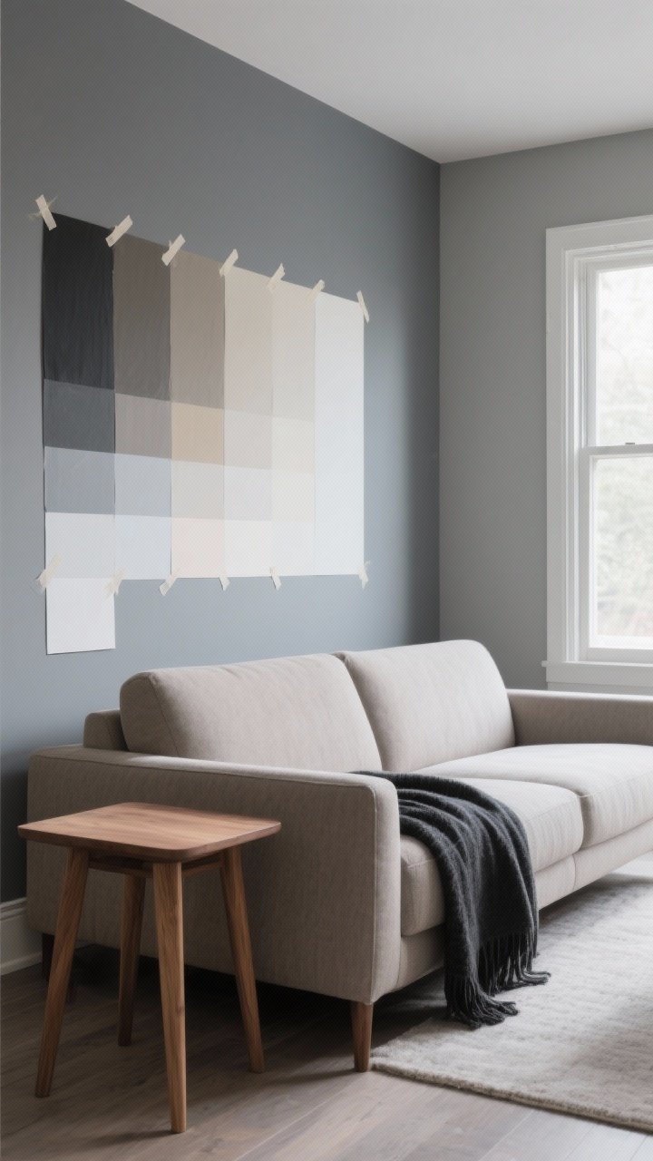 Medium shot of a living room vignette balancing warm and cool neutrals: cool gray walls with a warm greige sofa, oak side table bridging temperatures, large painted swatches taped to the wall to demonstrate light shift (north light entering from a window), charcoal throw on the sofa for crisp contrast; controlled natural light creating a cool tint; modern, clean composition.