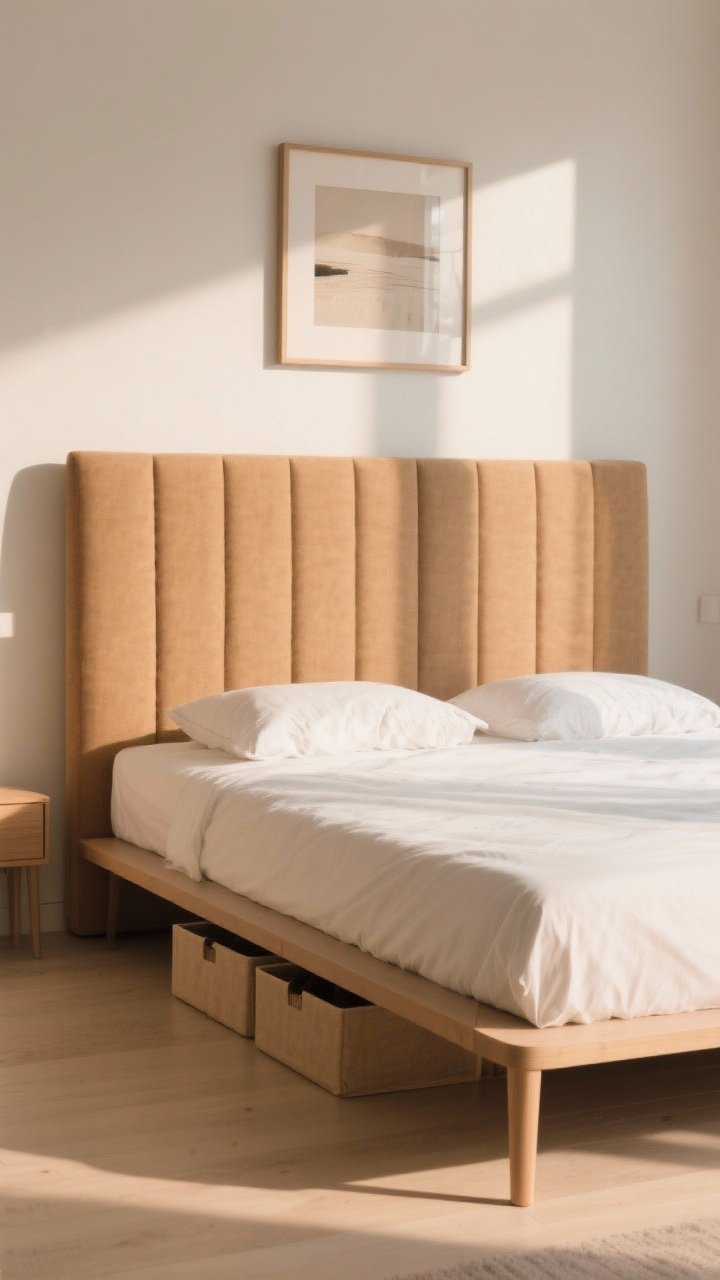 Medium shot of a low-profile platform bed with slim, visible legs and no footboard, topped by a tall upholstered headboard in warm linen; eye drawn upward with framed art above the headboard; hidden storage bins peeking neatly under the bed shadow; warm morning light, serene minimal styling, photorealistic