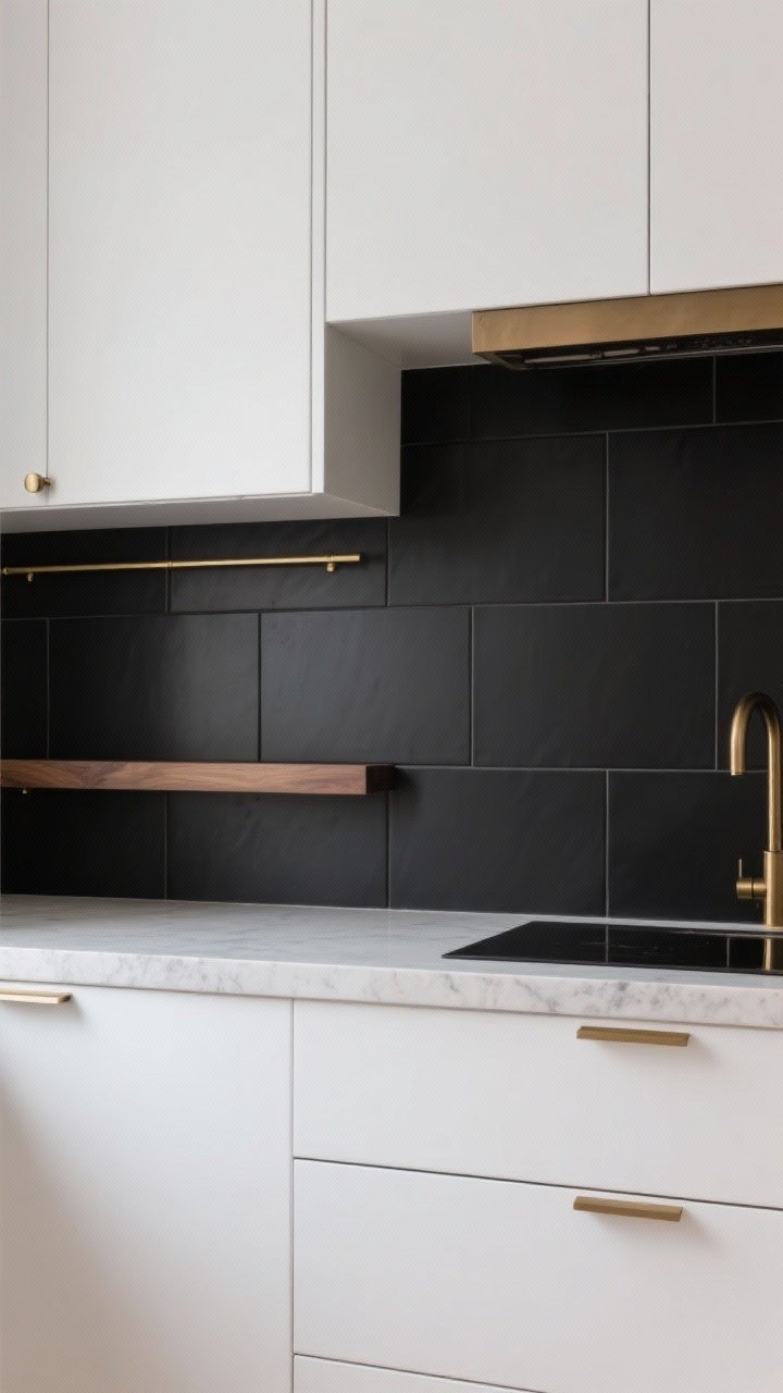 Medium shot of a matte black tile backsplash in large-format porcelain panels with minimal grout lines, paired with white flat-front cabinets and a white or very light stone countertop. Add warm accents: brushed brass pulls and a slim wood shelf. Balanced, modern contrast; soft, even lighting to emphasize matte texture; photorealistic.