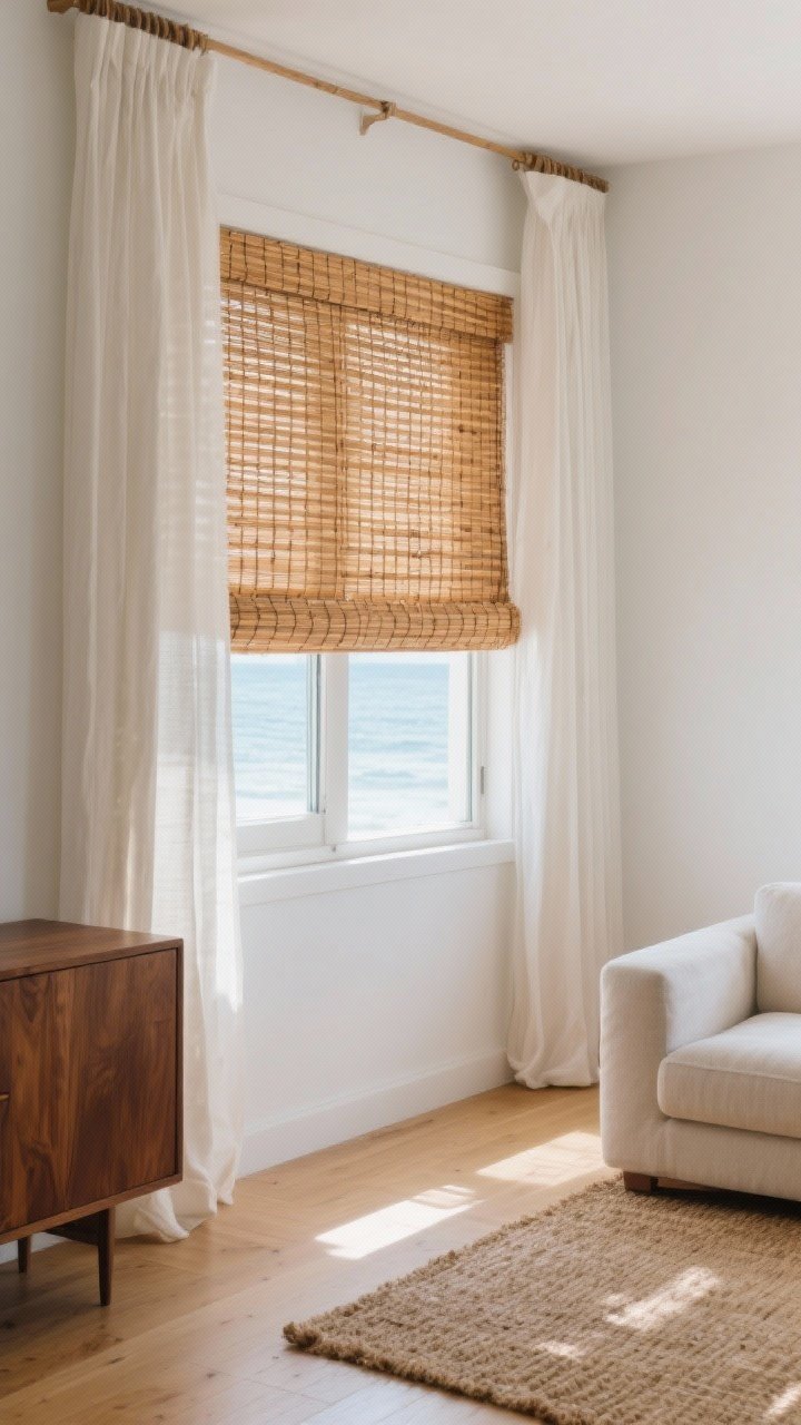 Medium shot of a minimalist living room window with woven wood shades in warm bamboo tone, medium-tight weave matching light oak floors and a walnut sideboard. Daytime light filtering through for a soft glow; an optional privacy liner partially visible. Layer-friendly design with neutral off-white drapery panels pushed to the sides. Calm coastal-Bali-chic mood, white walls, a jute rug. Slight angle to capture texture and movement of the weave.