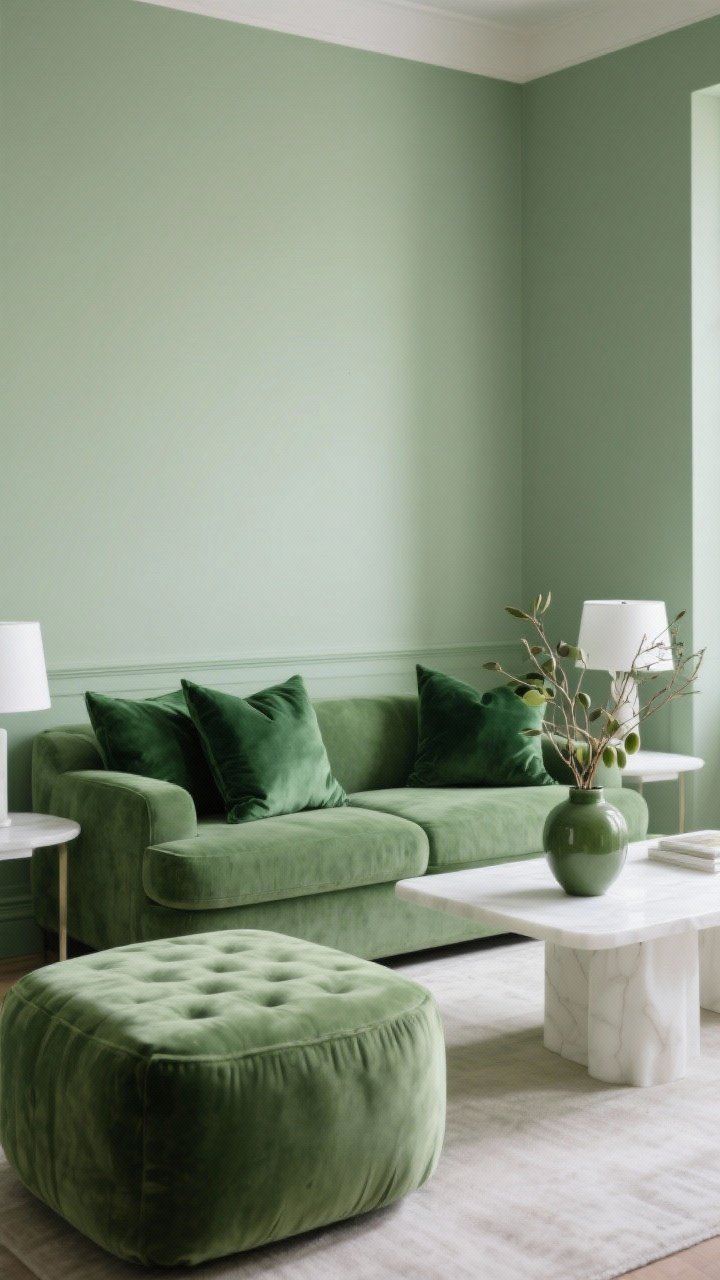 Medium shot of a monochrome green scheme: muted sage wall base, deeper emerald pillows and an ottoman, olive vase with dried stems; white elements grounding the look via a white coffee table and white lamp shades; layered greens in calm, sophisticated light
