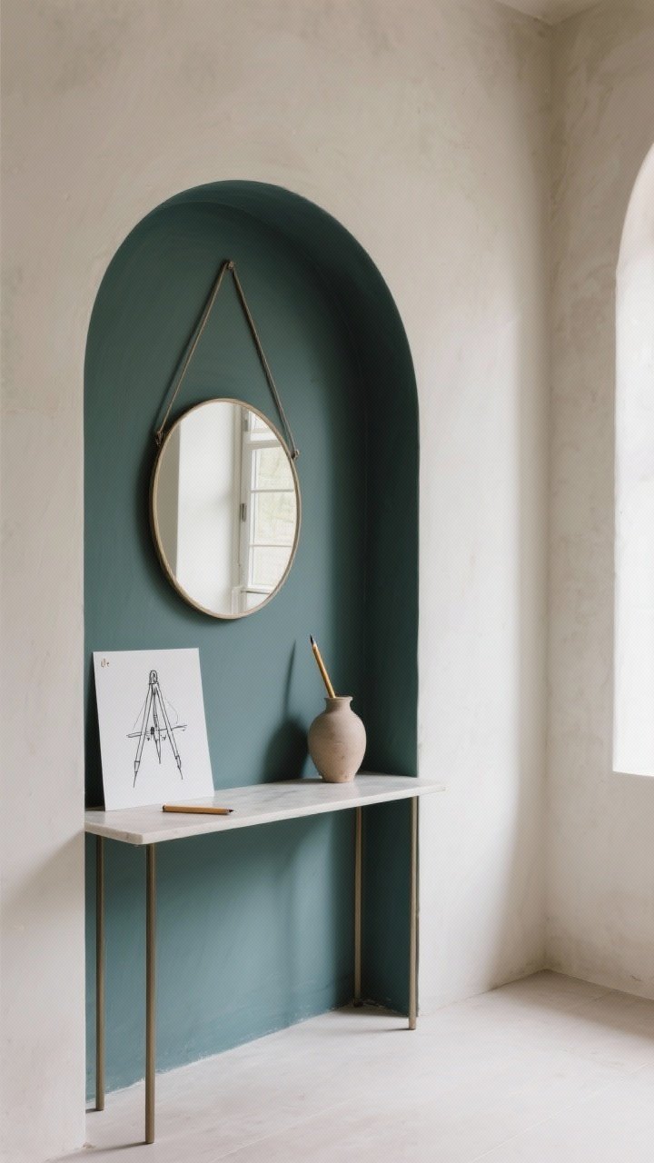 Medium shot of a painted arched accent zone behind a slim console table; the arch color is 2–3 shades deeper than the surrounding wall for subtle contrast; a round mirror and a small vase centered within the arch; visible pencil-and-string compass on a nearby paper sketch to hint at the DIY method; side daylight softening the arch edges.