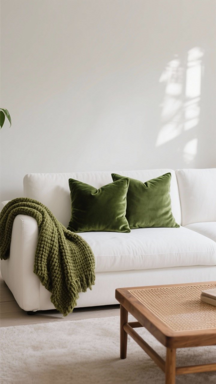 Medium shot of a pristine white performance-fabric sofa layered with two shades of green velvet throw pillows, a chunky moss or olive knit throw draped over the arm, and a warm wood or rattan coffee table in front; clean, editorial look with soft diffused daylight