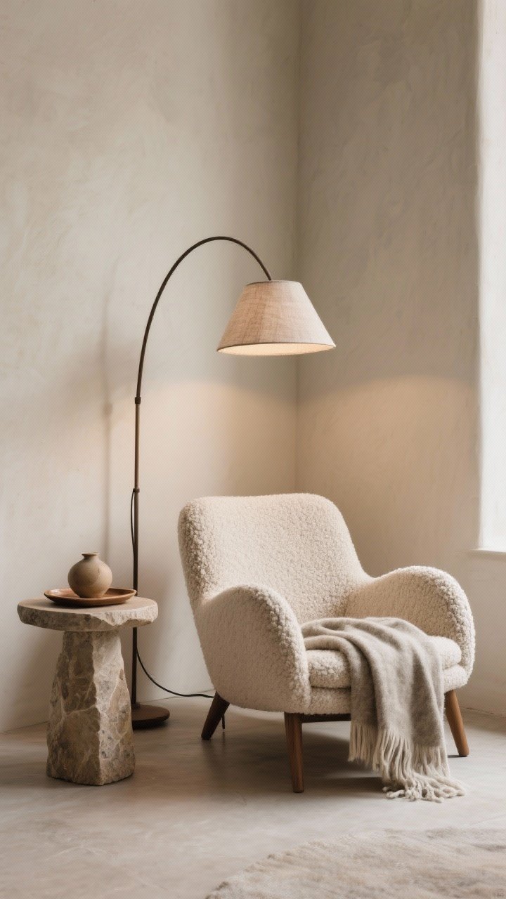 Medium shot of a quiet reading nook: a curved bouclé lounge chair beside a stone pedestal side table, an arc floor lamp with a fabric shade providing cozy task light, a wool throw draped over the chair, a small tray with a ceramic object on the table; corner angle view, natural textures and soft curves, restful mood.