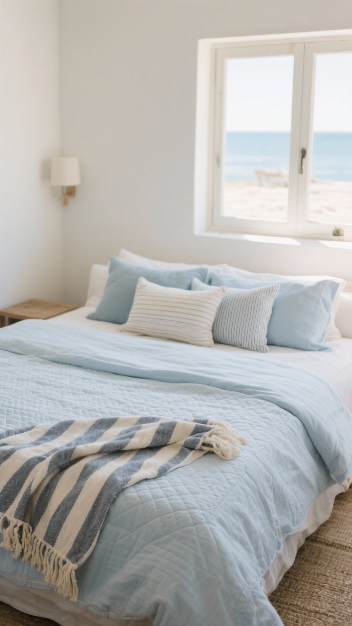 Medium shot of a relaxed, beachy bed setup: linen or percale sheets, a lightweight duvet in pale blue, a neatly folded quilt or matelassé at the foot, and precisely 2–3 accent pillows; add a thin, nautical-striped blanket casually layered for a subtle nod; uncluttered styling, soft morning glow through a window; boutique beach inn vibe, photorealistic