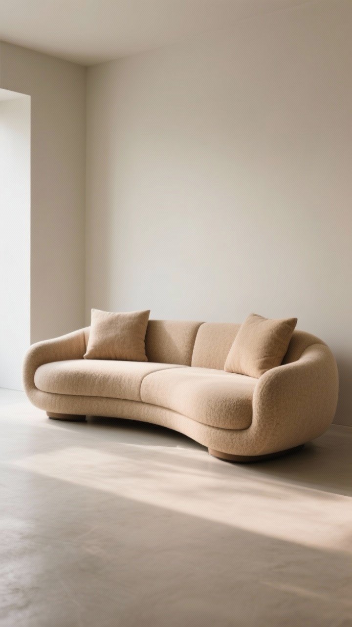 Medium shot of a sculptural sofa as the anchor: low-slung, curved silhouette with bench-style cushions in warm neutral bouclé or linen. Leave breathing room around it (not pushed to walls). Minimal surroundings with a neutral backdrop, rounded corners on the sofa, and tailored cushions. Soft, diffused afternoon light for an inviting, modern feel.