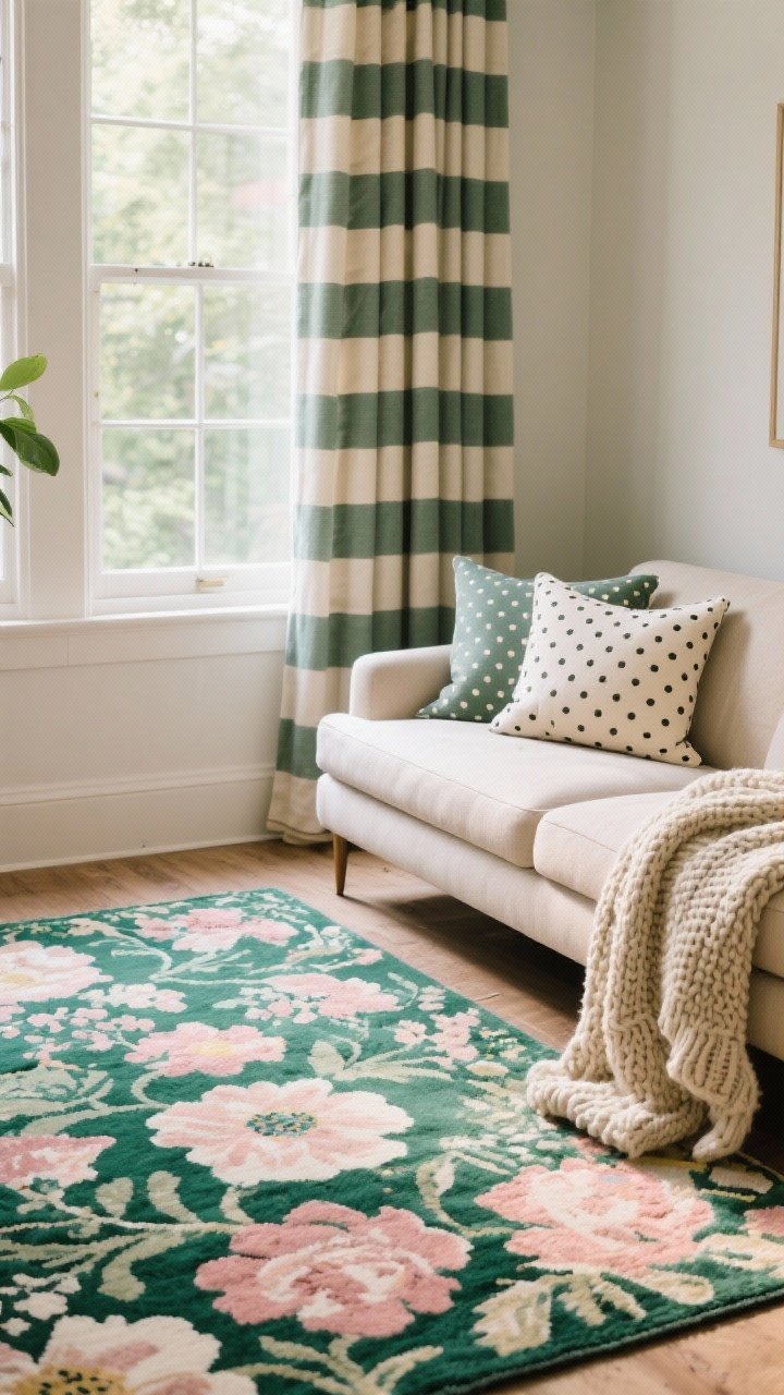 Medium shot of a seating area mixing patterns with smart scale: a big floral rug (large scale) anchoring the floor, striped curtains (medium scale) framing a window, and tiny polka dot pillows (small scale) on a neutral sofa; include a chunky knit throw draped over the arm to read as subtle texture “pattern,” all in a shared color family of emerald, blush, and cream; soft afternoon light.