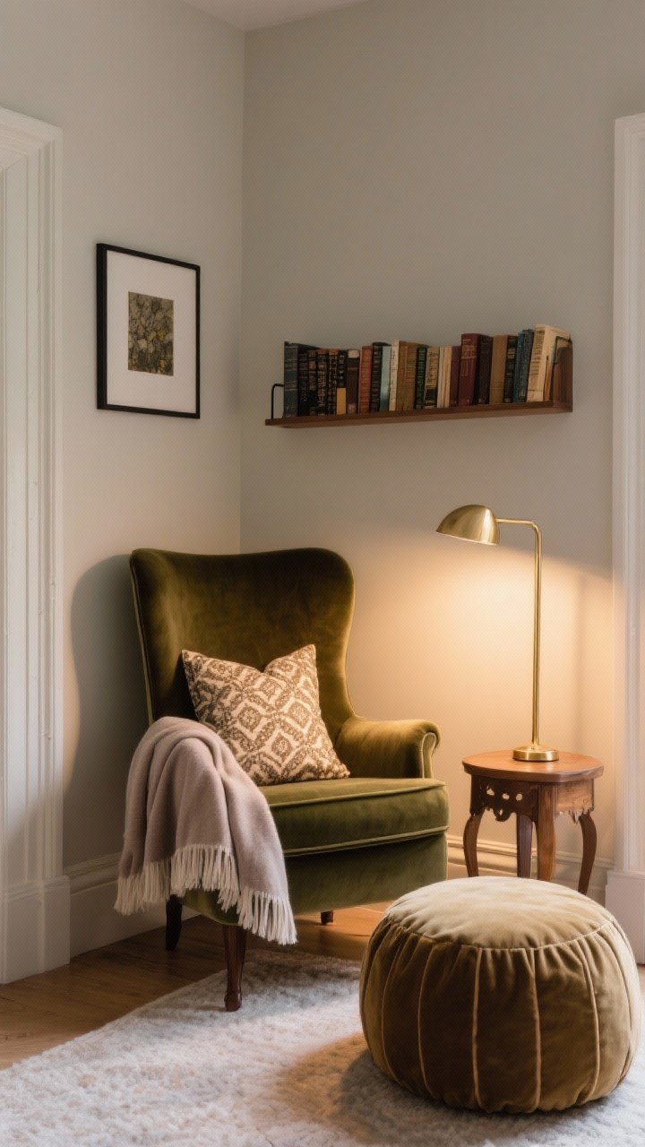 Medium shot of a secret-feeling reading nook: a velvet accent chair with interesting, curved lines, a slim brass floor lamp, and a petite side table that looks storybook-charming; add a soft throw and patterned cushion on the chair; backdrop includes a mini gallery wall and a wall-mounted narrow bookshelf; a pouf at the feet; cozy, focused lighting that pools warmly.
