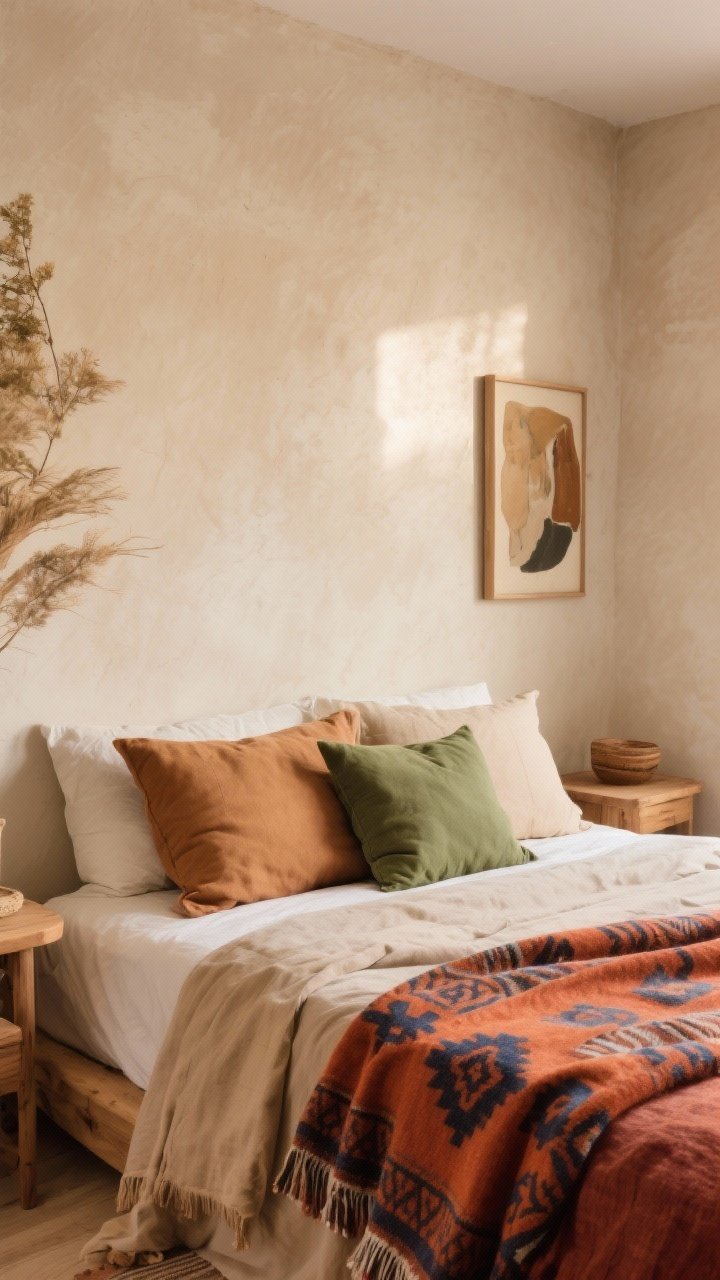 Medium shot of a serene boho bed wall in warm neutrals: sand, camel, oatmeal, clay, and rust textiles on the bed; walls in a soft, muted neutral; a pop of color via a terracotta or indigo patterned throw and a sage green accent pillow; art and textiles provide saturation while furniture remains natural wood; gentle afternoon light, photorealistic.