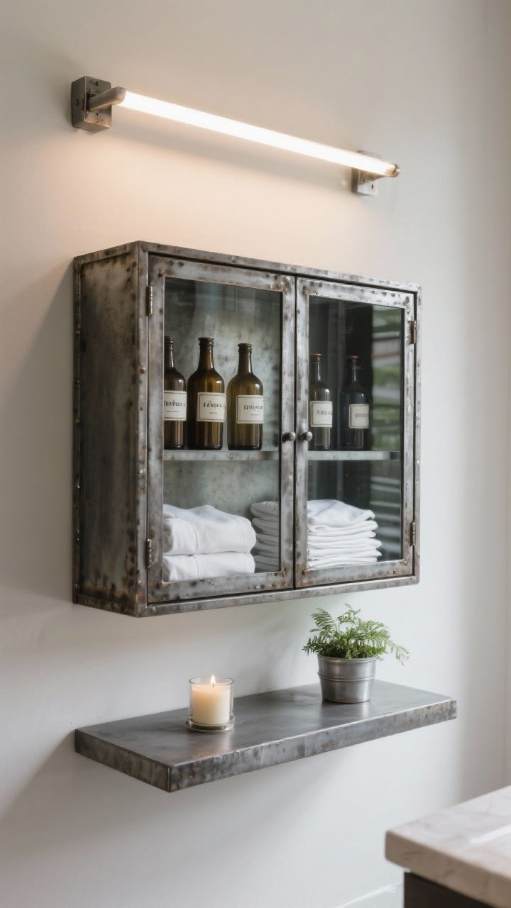 Medium shot of a shallow wall-mounted cabinet with semi-recessed profile and glass-front doors; inside, neatly arranged coordinated bottles and folded white linens with simple labels, on top a small potted plant and a candle; industrial-chic metal apothecary vibe, soft overhead lighting, organized yet decorative