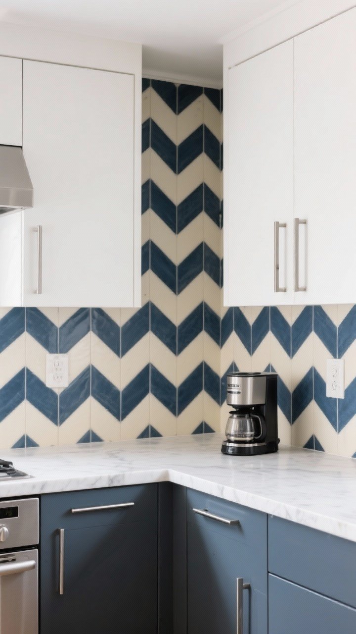 Medium shot of a sleek kitchen wall clad in a medium-scale geometric pattern: navy and cream chevrons. White quartz counters are uncluttered, with just a single coffee maker to avoid pattern competition. Clean-lined cabinets, brushed metal accents. Balanced, bright lighting to keep the space crisp. Straight-on view emphasizing the rhythm of the geometry, photorealistic.