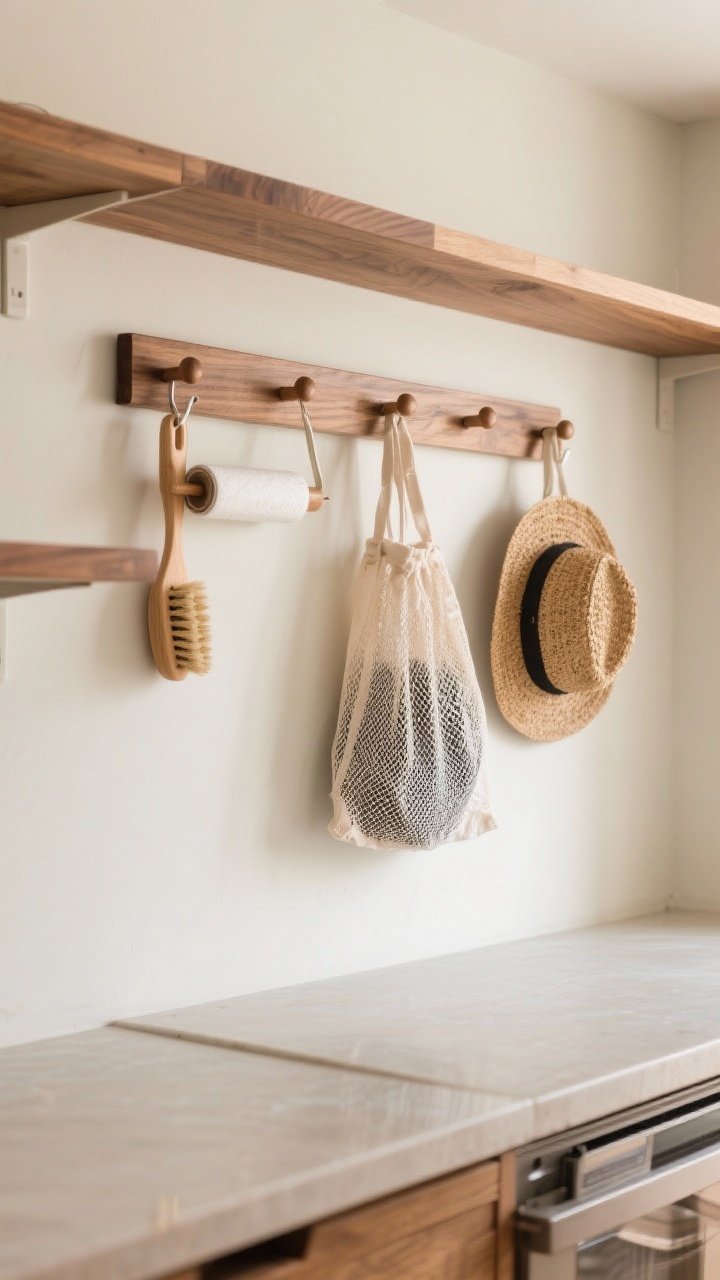 Medium shot of a slim wooden peg rail mounted at 50 inches high on a light neutral wall, stained to match nearby oak shelves for a custom built-in feel; neatly hung lint roller, natural bristle brushes, mesh laundry bags, and a straw hat; matching wood pegs and uniform hooks for a calm, cohesive look; soft ambient lighting and a folding counter below partly in frame.