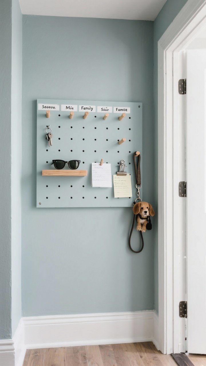 Medium shot of a small entryway pegboard command center painted to match the wall color for a built-in look; modular layout with wooden pegs for keys, a tiny shelf for sunglasses, and metal clips holding notes; labeled rows for each family member including a dog leash on one peg; budget-friendly vibe with neat, practical styling; frontal angle, even soft lighting.