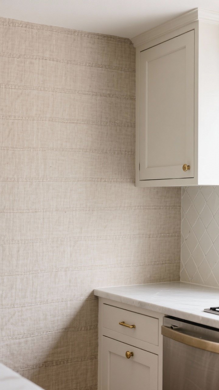 Medium shot of a small kitchen corner featuring tone-on-tone linen-look wallpaper in warm greige, shaker cabinets in soft white, and brass hardware. The wallpaper texture mimics linen with subtle horizontal fibers; micro-geometric runner along a short wall adds quiet polish. Natural diffused daylight; matte finishes dominate for a calm, chic mood. Include a wipeable vinyl-coated material look near the cook zone. Straight-on perspective, photorealistic.