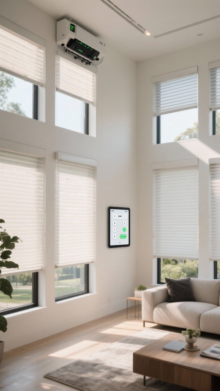 Medium shot of a smart, sunlit living room with motorized roller shades on tall, hard-to-reach windows. Shades partially raised in sync, discreet battery cassette at the top. Morning light streams in; a wall tablet showing grouped controls. Clean, cordless look emphasizing safety and convenience, energy-aware modern space. Corner perspective to showcase multiple windows and automation uniformity.
