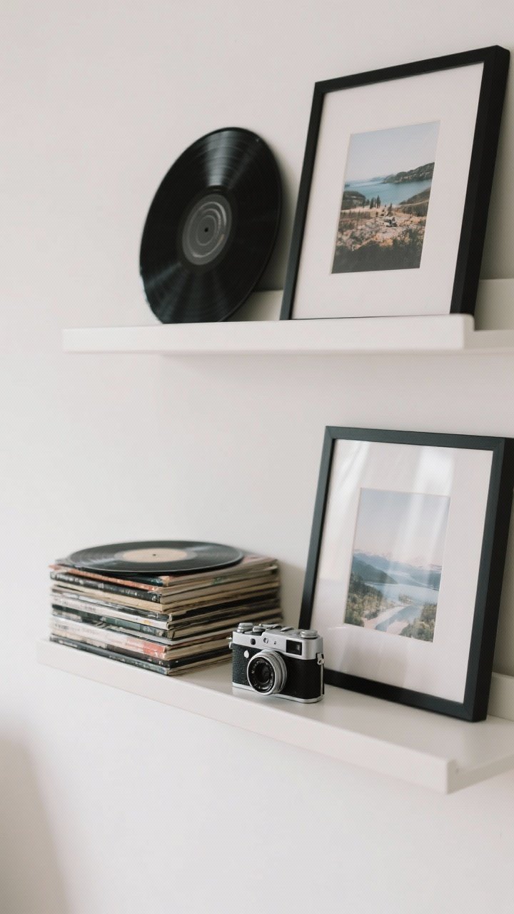 Medium shot of a styled shelf: Curated personality display—3–5 items only: a stack of vinyl records, a vintage camera, and two framed travel photos with matching black frames. Height variation and odd-number grouping create balance, with empty space around to avoid clutter.