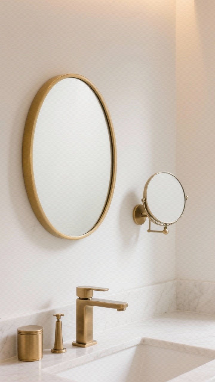 Medium shot of a vanity wall featuring a pill-shaped mirror with a brass frame as the focal point, paired with a small secondary swivel-mounted round mirror nearby; clean white wall, subtle warm lighting, matte brass faucet and matching accessories, designed-not-builder-grade feel with polished finishes