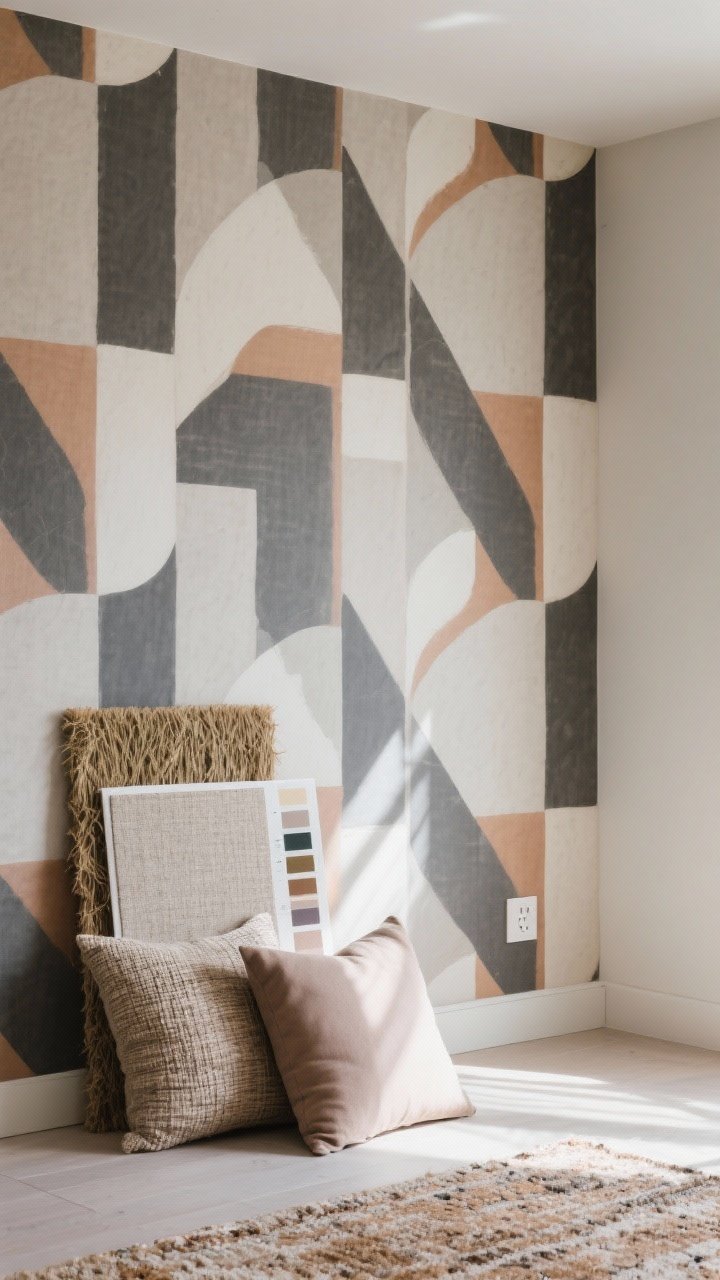 Medium shot of a wallpapered accent wall using a modern large-scale geometric print in muted charcoal and clay tones; a grasscloth sample board leaned nearby to suggest texture-first options; palette pulled from a rug and pillows for color harmony; peel-and-stick test strip visible near an outlet; soft ambient daylight with gentle shadows.