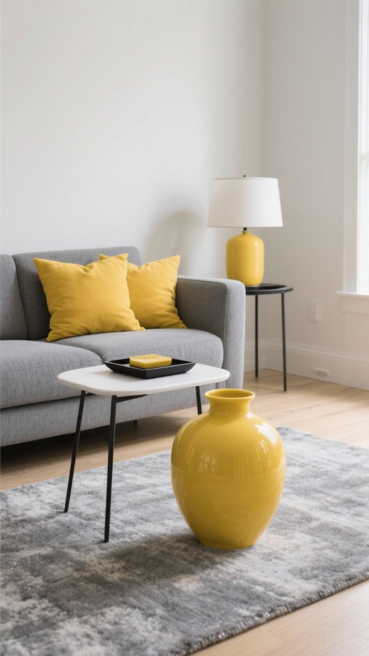 Medium shot of a yellow-and-gray living room vignette: gray sofa (choose warm greige or cool slate) with yellow pillows, a gray rug, and a yellow vase on a side table. Add a third color accent in white or black for freshness (e.g., black tray or white lamp). Repetition without being matchy. Soft diffuse daylight, straight-on framing.