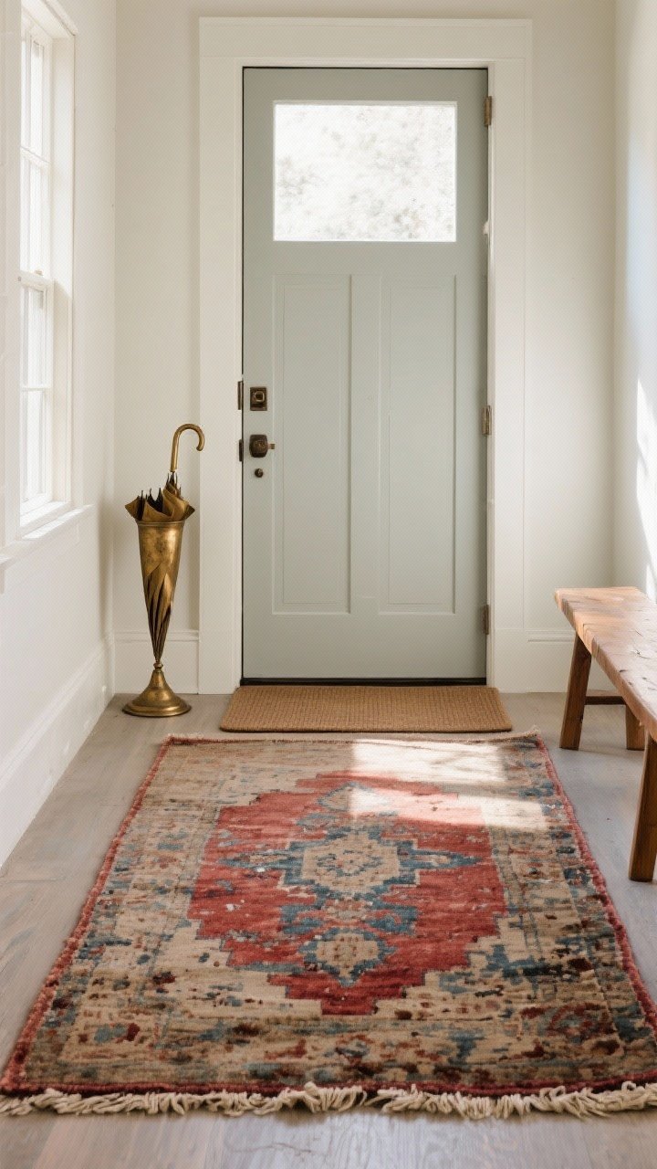 Medium shot of an entry featuring a low-pile vintage or vintage-look rug with worn patina: time-softened reds, blues, and taupes with distressed detailing; felt rug pad slightly visible at the edge; door swings cleanly over the thin pile; patinated brass umbrella stand and a wooden bench add character; soft afternoon light accentuates faded motifs and forgiving wear.