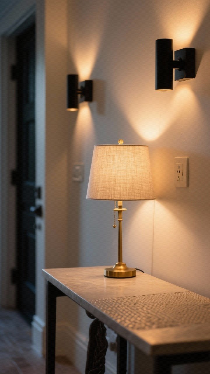 Medium shot of an entry table illuminated by warm lighting: a petite table lamp with a linen shade casting a cozy 2700K glow, optional plug-in wall sconces above; the surface includes subtle texture elements; evening ambiance with warm light pooling on wall; color palette soft neutrals, brass or black accents depending on lamp style