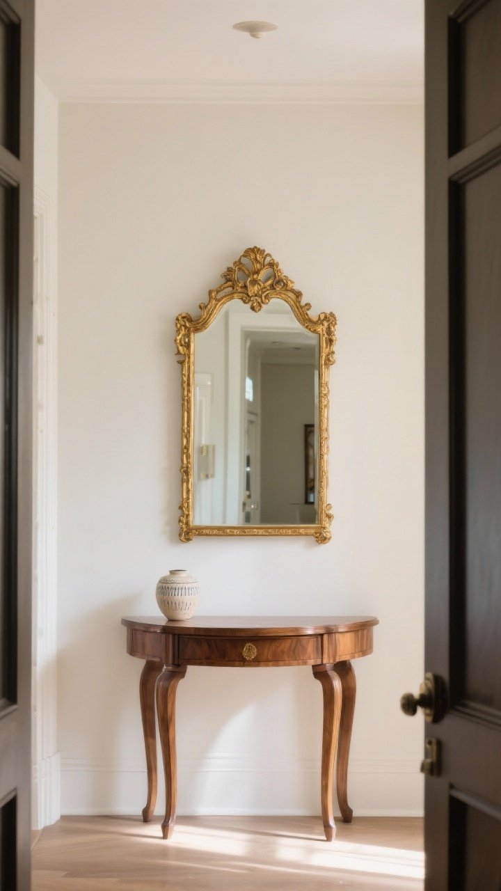 Medium shot of an entry table with a statement mirror as focal point: choose one style—an antique gilded mirror hung 6–8 inches above a walnut console; mirror reflects light into a small space, table styled minimally with a small ceramic piece; soft daylight, subtle shadows, modern-classic mood with gold, walnut, and cream