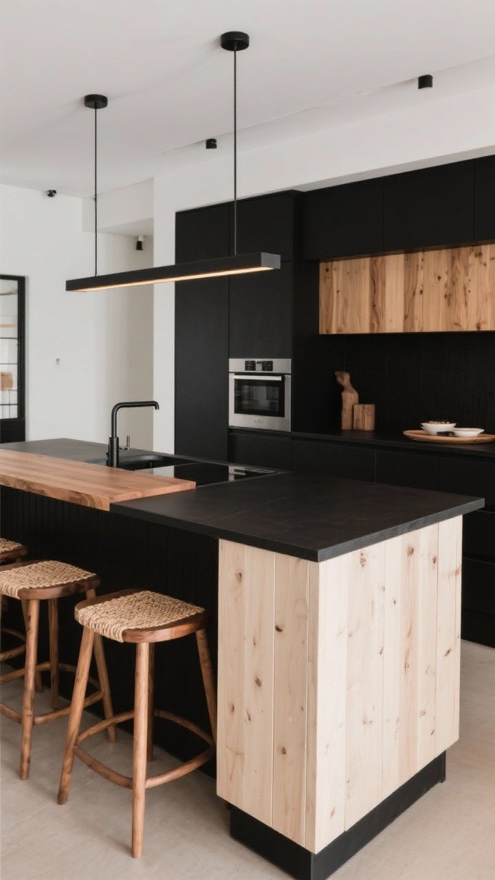 Medium shot of an island: A bold matte black kitchen island styled with wood accents—one side wrapped in vertical white oak planks for texture, wood counter stools with woven seats tucked under a clean-lined top, and a hybrid section showing a black base with a warm wood tabletop extension for dining; balanced, inviting lighting.