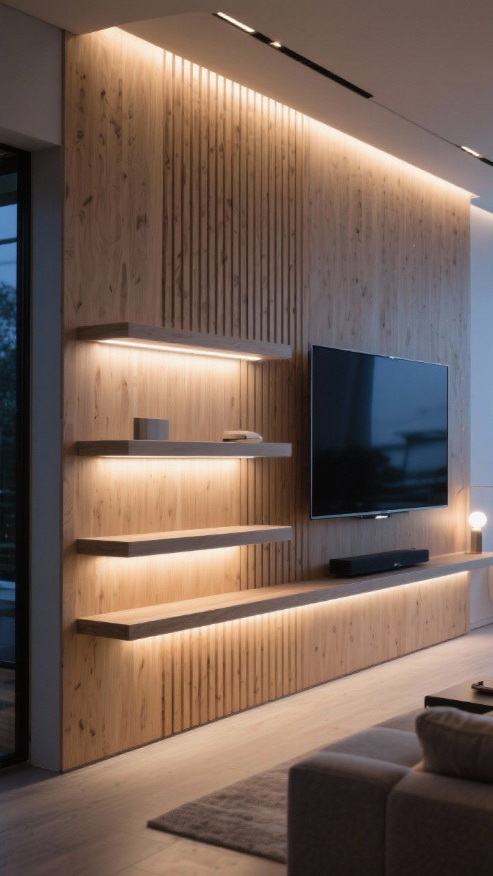 Medium shot of an LED-lit accent wall: vertical wood slats with warm white LED backlighting (2700–3000K) creating a soft ambient glow; floating shelves with concealed LED channels producing a subtle halo; a TV wall with backlighting to reduce eye strain; overall high-tech yet cozy mood; evening scene with lights as the primary illumination.